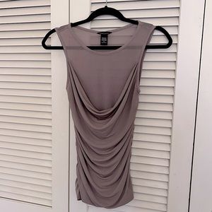 Moda International Beige Ruched Cowl Neck Sheer Mesh Tank Top